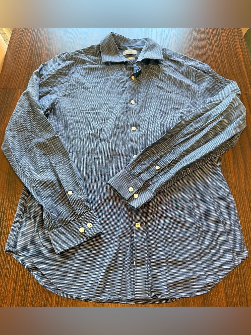 Michael Kors Mens Blue White Micro Dot Slim Fit Button Long Sleeve Shirt Size L